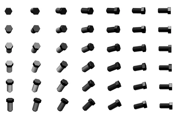 Grande quantidade de parafusos pretos girados por diferentes ângulos isolados em branco - ilustração 3D industrial criativa, pic para design usando — Fotografia de Stock