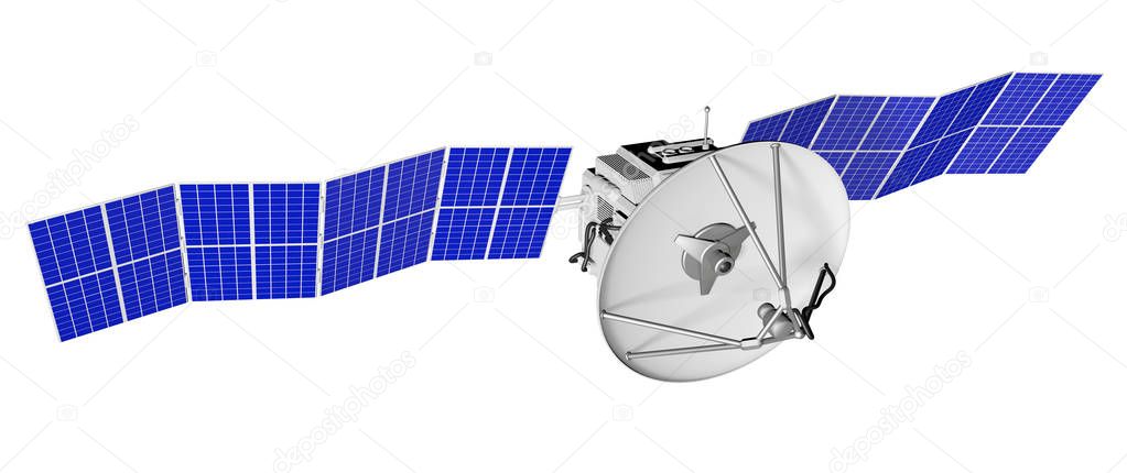 space satellite industrial illustration - spaceship with big solar power panels isolated on white - 3D Illustration