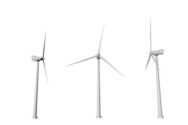 Farklı döndürme açıları alt ile üç yel değirmenleri izole üzerinde beyaz zemin - Rüzgar güç endüstriyel illüstrasyon, 3d resim görüntülemek