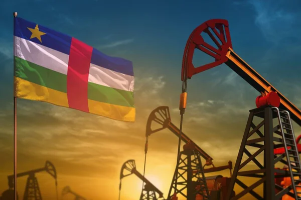 Концепция нефтяной промышленности Центральноафриканской Республики. Промышленная иллюстрация - Флаг Центральноафриканской Республики и нефтяные скважины на фоне синего и желтого неба на закате - 3D иллюстрация — стоковое фото