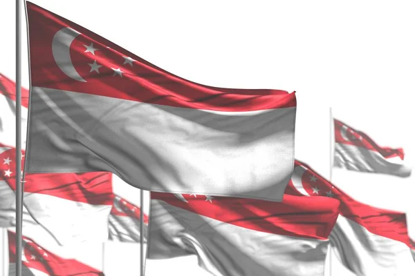 Красиво многие сингапурские флаги размахивают изолированными на белом - изображение с мягкой фокусировкой - любой праздничный флаг 3d иллюстрация — стоковое фото