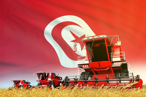 Rode boerderij agrarische combineren Harvester op veld met Tunesië vlag achtergrond, Food Industry concept-industriële 3D-illustratie — Stockfoto