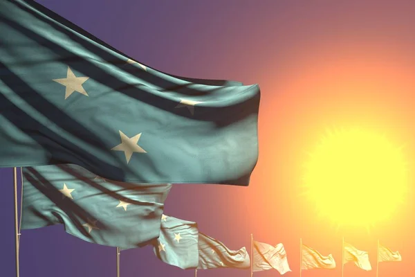 nice many Micronesia flags placed diagonal on sunset with space for your content - any occasion flag 3d illustration