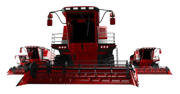 Industriell 3D illustration av en massa röda gården jordbruks skördetröskor isolerade på vit bakgrund-jordbruksmaskin — Stockfoto