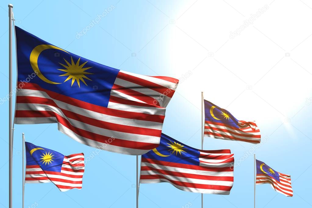 nice 5 flags of Malaysia are wave on blue sky background - any celebration flag 3d illustration