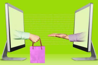 e-ticaret konsepti, görüntülerden iki el. alışveriş çantası ve yalvaran jest ile el. 3d illüstrasyon