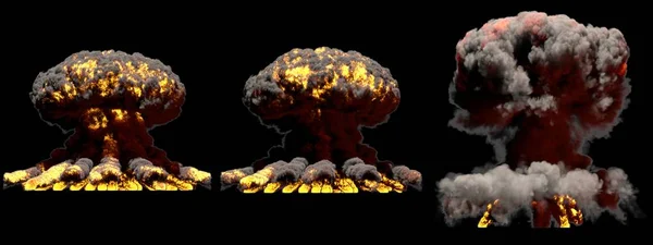 3D illustration of explosion - 3 large different phases fire mushroom cloud explosion of fusion bomb with smoke and flame isolated on black background