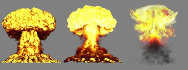 3D illustration of explosion - 3 large high detailed different phases mushroom cloud explosion of nuclear bomb with smoke and fire isolated on grey