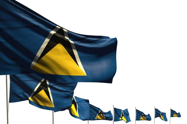 Underbara många Saint Lucia flaggor placeras diagonal isolerad på vitt med utrymme för din text - någon fest flagga 3d illustration — Stockfoto