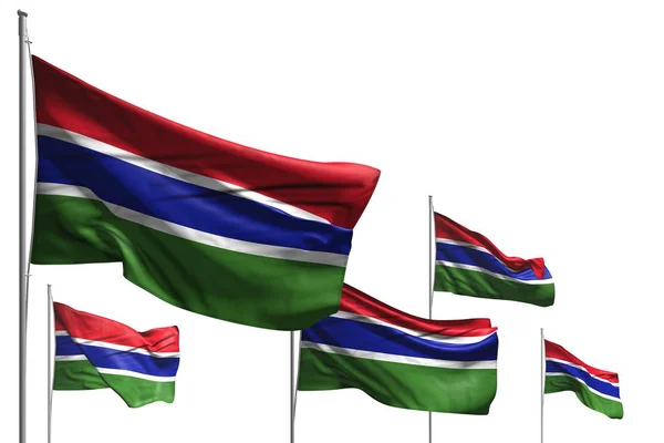 Vrij vijf vlaggen van Gambia zijn zwaaien geïsoleerd op wit-elke vakantie vlag 3D illustratie — Stockfoto