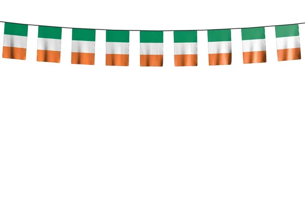 Cute many Ireland flags or banners hangs on rope isolated on white - any occasion flag 3d illustration — Stock Photo, Image