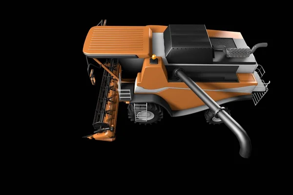 Industrielle 3D-Illustration eines großen cg Orangenkorn-Mähdreschers mit Ernterohr von oben isoliert auf schwarz — Stockfoto
