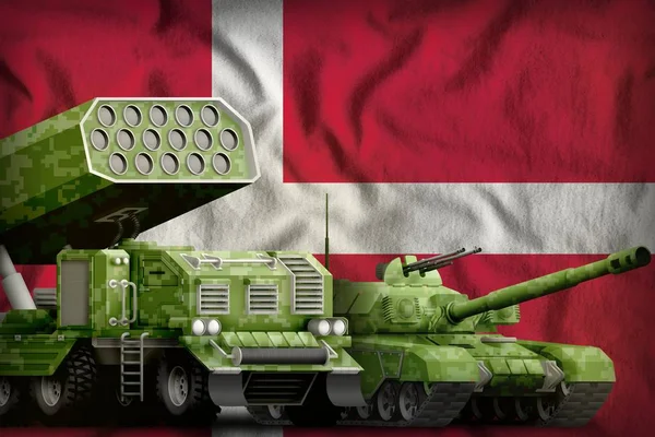 Denmark heavy military armored vehicles concept on the national flag background. 3d Illustration