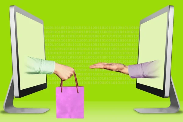 E-Commerce-Konzept, zwei Hände von Displays. Hand mit Einkaufstasche und flehender Geste. 3D-Illustration — Stockfoto