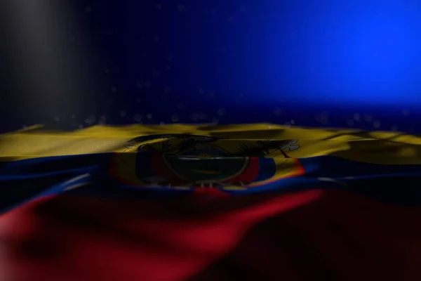 Agradable ilustración oscura de la bandera de Ecuador yacía sobre fondo azul con enfoque suave y espacio libre para su texto - cualquier ocasión bandera 3d ilustración —  Fotos de Stock