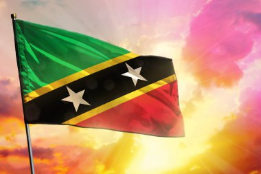 Güzel renkli günbatımı veya gündoğumu arka plan üzerinde Çırpınan Saint Kitts ve Nevis bayrağı. Başarı kavramı.