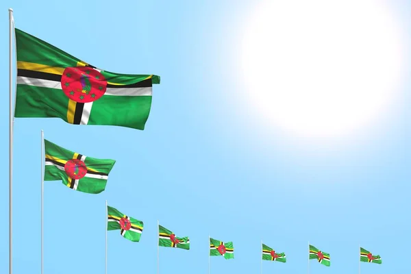 Bello molte bandiere Dominica posto diagonale sul cielo blu con spazio per il contenuto - qualsiasi bandiera festa 3d illustrazione — Foto Stock