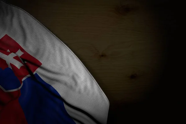 Nádherný tmavý obraz slovenské vlajky s velkými záhyby na tmavém dřevě s prázdným místem pro váš obsah - jakákoliv rekreační vlajka 3d ilustrace — Stock fotografie