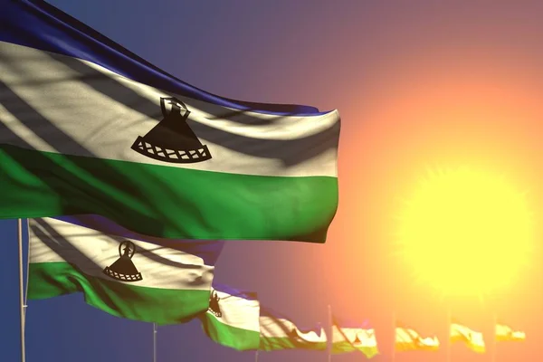 Maravilhoso muitas bandeiras Lesoto no pôr do sol colocado diagonal com foco seletivo e espaço para o seu conteúdo - qualquer bandeira de férias ilustração 3d — Fotografia de Stock
