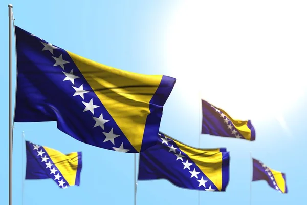 Maravilloso 5 banderas de Bosnia y Herzegovina son ola contra ilustración cielo azul con bokeh - cualquier fiesta bandera 3d ilustración — Foto de Stock