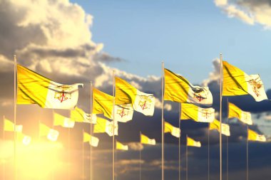 güzel çok Holy See bayrakları gün batımında bokeh ve metin için alan ile satır da yerleştirilir - herhangi bir tatil bayrağı 3d illüstrasyon