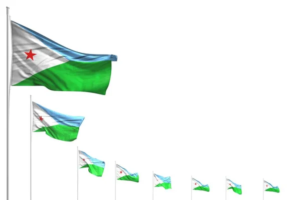 nice many Djibouti flags placed diagonal isolated on white with place for your text - any feast flag 3d illustration