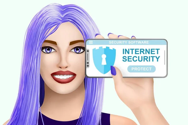 Konzept Internet Security Software. gezeichnet hübsches Mädchen auf lebendigem Hintergrund. Illustration — Stockfoto