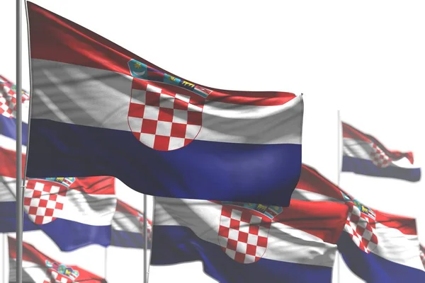 Ganska många Kroatien flaggor är Wave isolerade på vit-bild med selektiv fokus-någon fest flagga 3D-illustration — Stockfoto