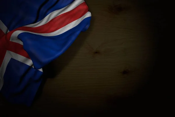 Hermosa imagen oscura de la bandera de Islandia con grandes pliegues de madera oscura con lugar libre para el texto - cualquier ocasión bandera 3d ilustración — Foto de Stock