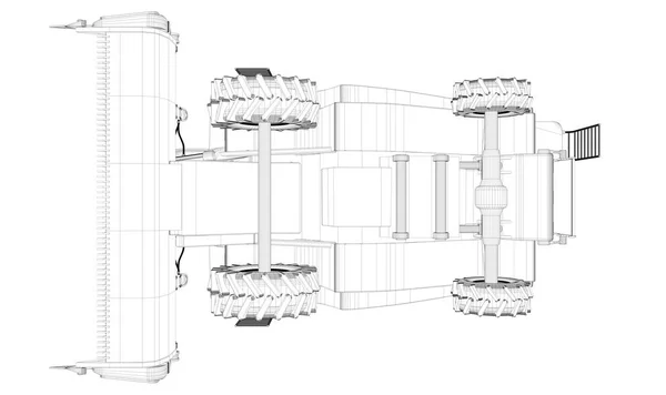 Przemysłowa ilustracja 3D cienkiego wyprofilowanego, szczegółowego modelu 3D rolniczych kombajnów zbożowych na białym tle, koncepcja rozwoju sprzętu rolniczego — Zdjęcie stockowe