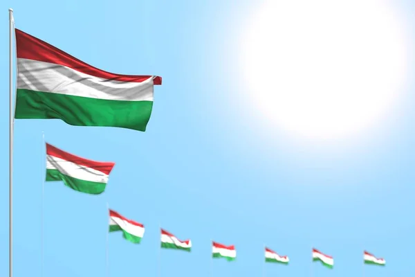 Agradável muitas bandeiras Hungria colocado diagonal com foco seletivo e espaço livre para o seu texto - qualquer bandeira festa ilustração 3d — Fotografia de Stock