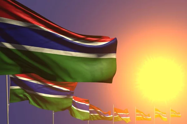 Hermosa muchas banderas de Gambia colocadas diagonal en la puesta del sol con lugar para el contenido - cualquier celebración bandera 3d ilustración — Foto de Stock