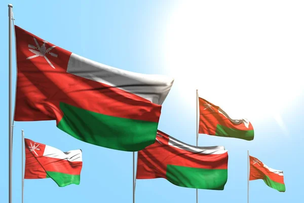 Graziose 5 bandiere dell'Oman sventolano su sfondo cielo blu - qualsiasi occasione bandiera 3d illustrazione — Foto Stock