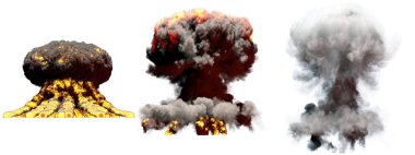 Patlama 3d illüstrasyon - 3 büyük farklı aşamaları yangın mantar bulut patlama atom bombası ile duman ve alev beyaz izole
