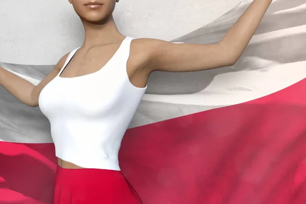 Cute Lady w jasnej spódnicy posiada flaga Polski w rękach za nią z powrotem na białym tle-flaga koncepcji 3D ilustracji — Zdjęcie stockowe