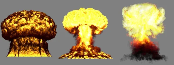 3D illustration of explosion - 3 big highly detailed different phases mushroom cloud explosion of super bomb with smoke and fire isolated on grey
