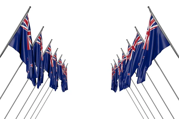 漂亮的许多新西兰国旗挂在角杆从左右两侧隔离在白色 - 任何盛宴旗3D插图 — 图库照片