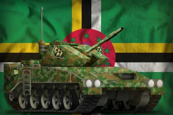 Char léger apc avec camouflage d'été sur le fond du drapeau national de la Dominique. Illustration 3d — Photo