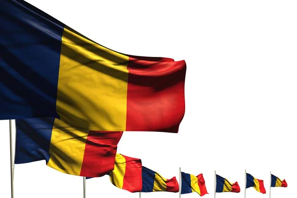 Assez nombreux drapeaux Roumanie placés en diagonale isolé sur blanc avec place pour votre contenu - tout drapeau de célébration illustration 3D — Photo