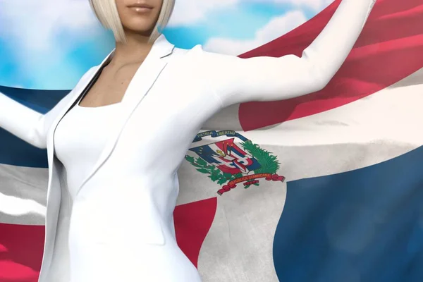 Wanita bisnis yang lucu memegang bendera Republik Dominika di tangan di belakang punggungnya di latar belakang langit biru - konsep bendera 3d ilustrasi — Stok Foto