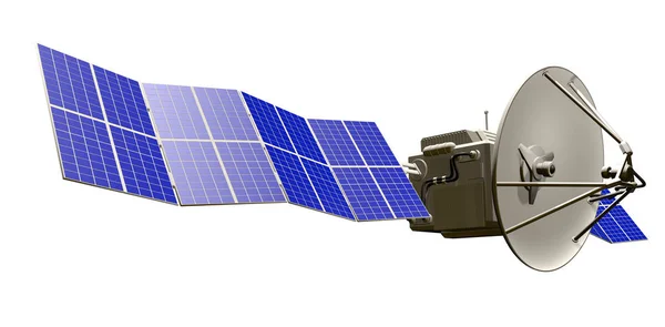 Industrial illustration of orbital satellite with large solar panels isolated on clear white background - 3D Illustration — Stock Photo, Image