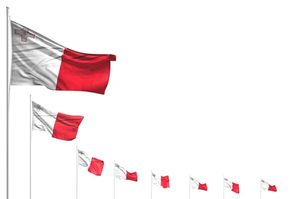 Wonderful many Malta flags placed diagonal isolated on white with place for your content - any holiday flag 3d illustration — ストック写真