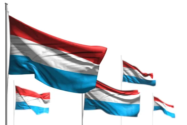 Vackra fem flaggor i Luxemburg viftar isolerat på vit bild med selektiv fokus-någon fest flagga 3D-illustration — Stockfoto