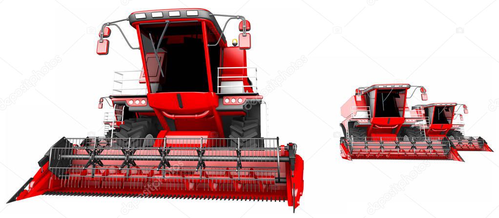 many red grain combine harvesters isolated on white background - farm machine, industrial 3D illustration