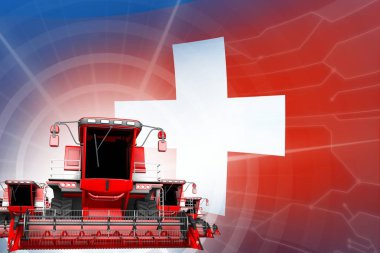 Kırmızı modern çiftlik dijital endüstriyel 3d illüstrasyon İsviçre bayrağı, tarım ekipmanları modernizasyon kavramı üzerinde hasat birleştirmek