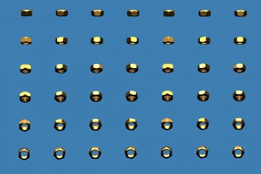 çok sarı, altın vida-fındık farklı açılarla mavi izole tarafından döndürülen - güzel endüstriyel 3d illüstrasyon, kullanarak tasarım için resim 