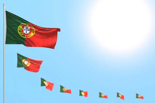 Pretty many Portugal flags placed diagonal with soft focus and empty place for text - any feast flag 3d illustration — Stock Photo, Image