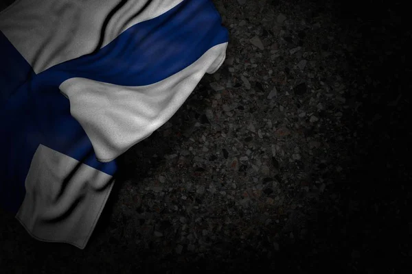 Całkiem ciemny wizerunek Finlandii flaga z dużymi fałdami na ciemnym asfalcie z pustym miejscem na tekst-dowolna okazja flaga ilustracji 3D — Zdjęcie stockowe