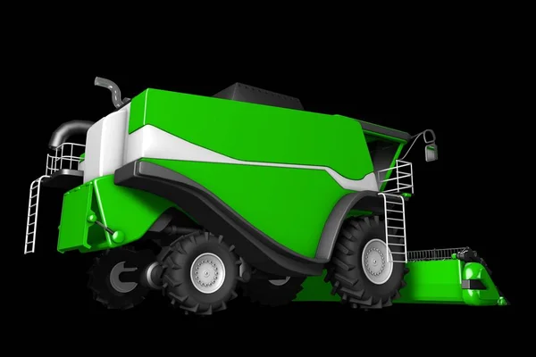 Industrial 3D illustration of big beautiful green wheat harvester rear view isolated on black — Stock Photo, Image