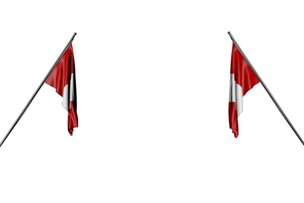 Pretty two Peru flags hanging on diagonal poles from two sides isolated on white - any occasion flag 3d illustration — Stock Photo, Image